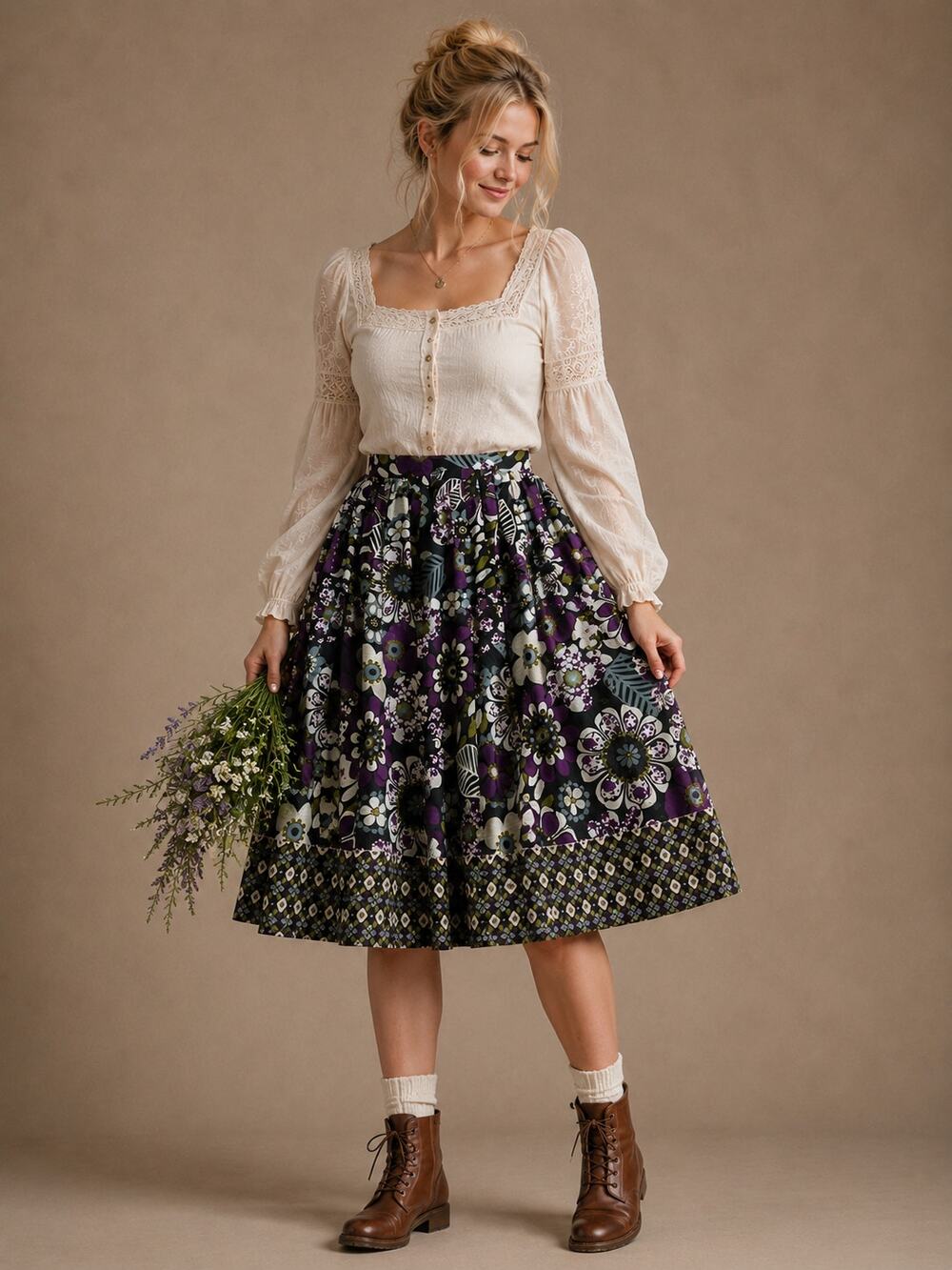 Floral Midi Skirt Pleated Whimsygoth Cottagecore Purple Small Western
